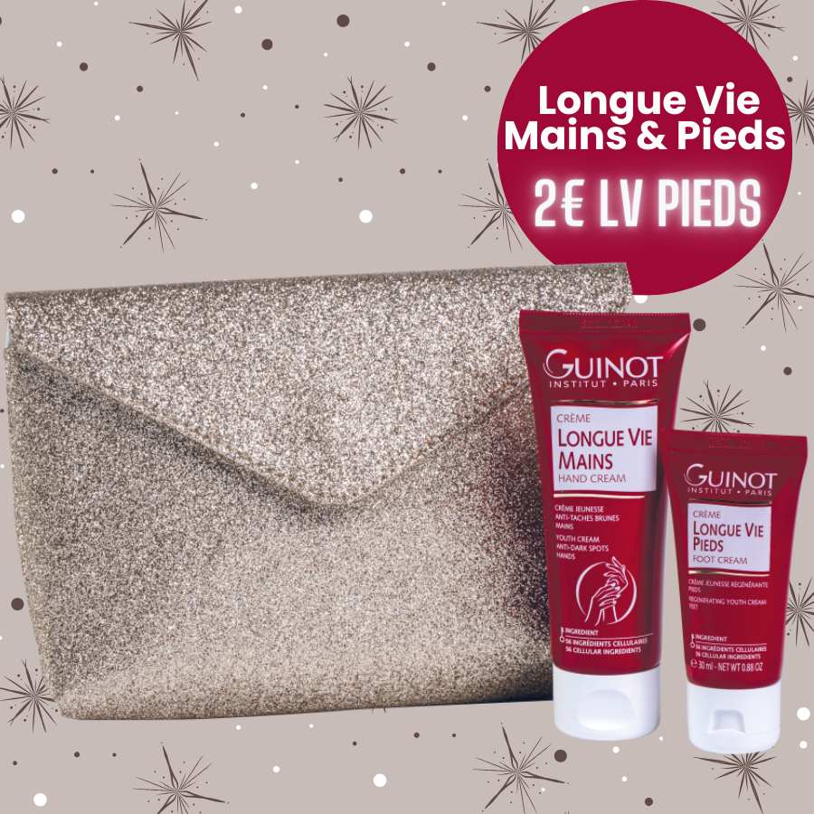 Offre Guinot - Longue Vie Mains 75ml et Pieds 30ml avec Trousse pailletée OFFERTE